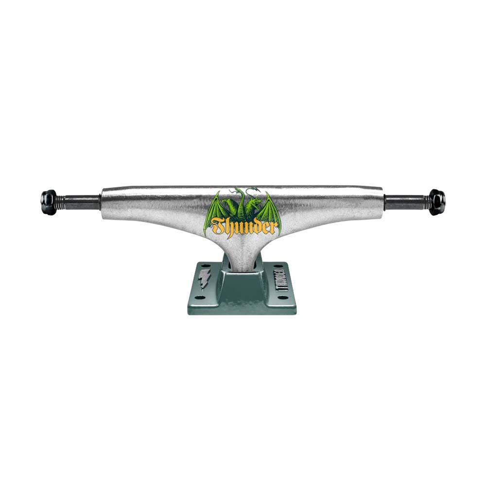 Thunder Trucks 148 Team Medieval Script Skateboard Achse – Raw / Dark Green Baseplate
