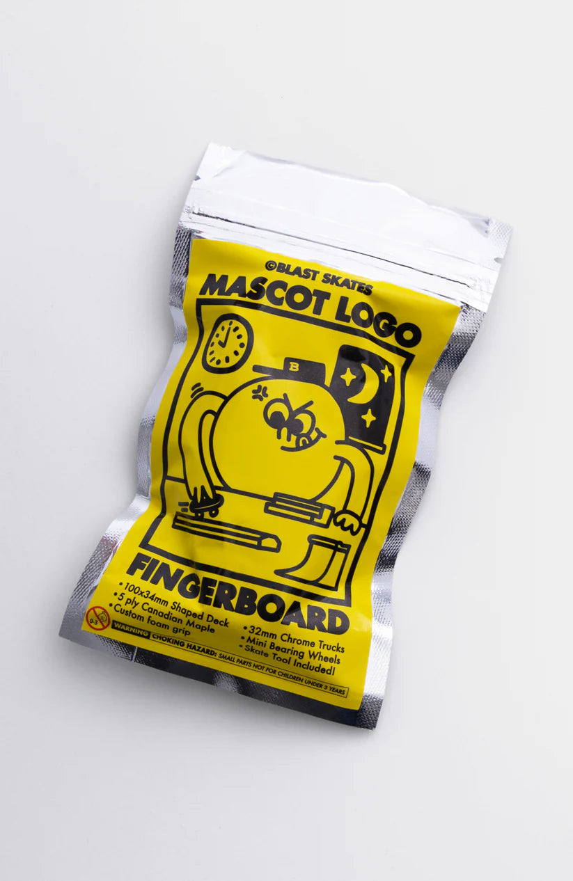 BLAST SKATES Fingerboard Komplettset Mascot Logo 34mm Gelb – Shaped Deck
